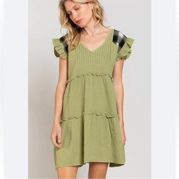 POL | Chelsea Ruffle Plaid Gauze Tunic Mini Dress Navy Charcoal Deep Olive Green - Picture 8 of 13